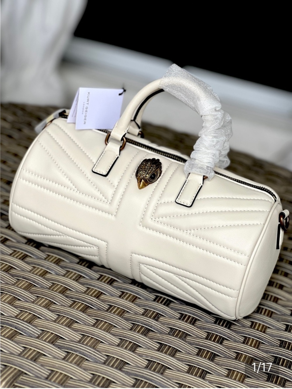KURT GEIGER Kensington Union Jack Barrel Tube satchel crossbody leather cream
